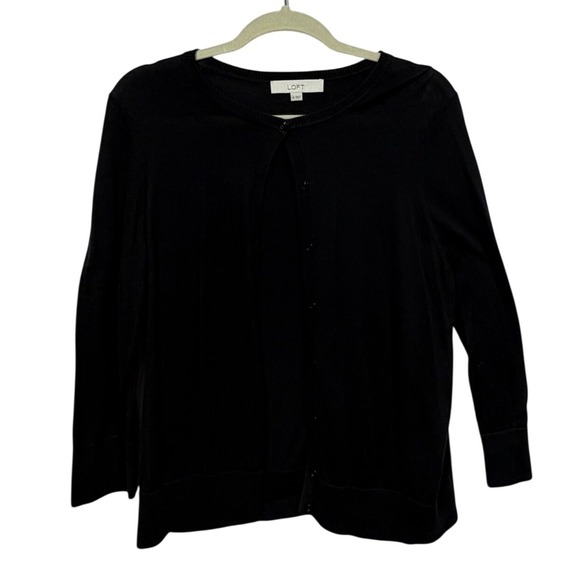 LOFT Black 100% Cotton Button Front Cardigan Lightweight Classic Minimalist XL - Picture 4 of 8